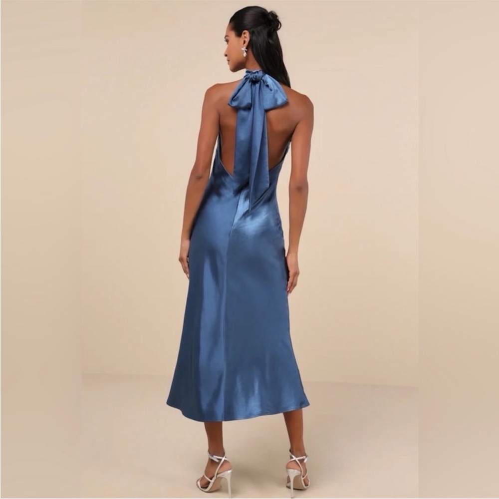 Lulus Exceptional Status Halter Backless Satin Midi Dress Blue Size Small - Picture 7 of 8